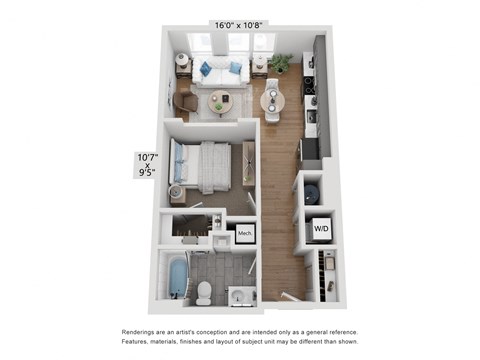 Floor plan for 1 bed, 1 bath, 645 sqft